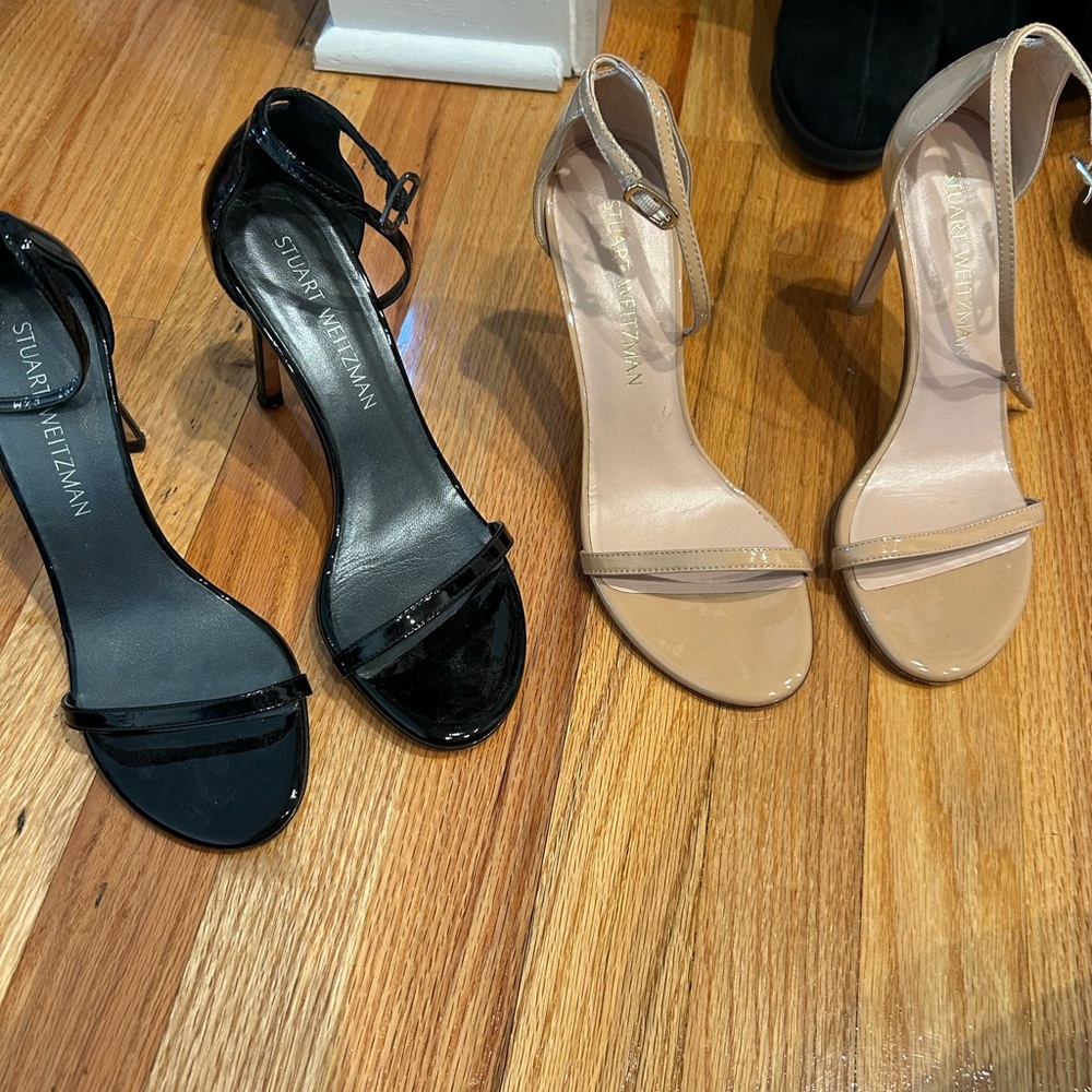 Stuart Weitzman, patent leather heels, black pair and tan pair size 6 1/2